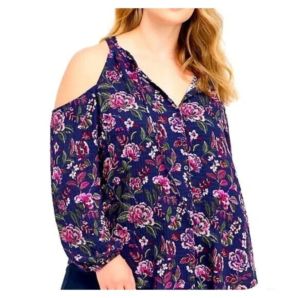 TORRID Women Cold Shoulder Floral 3/4 Sleeve Blouse Sz 3X Blue Casual Feminine